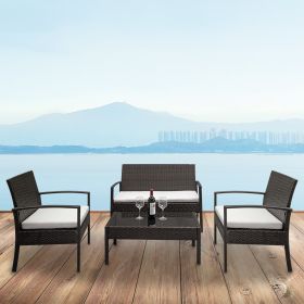 2pcs Arm Chairs 1pc Love Seat & Tempered Glass Coffee Table Rattan Sofa Set Brown Gradient - Picture shows